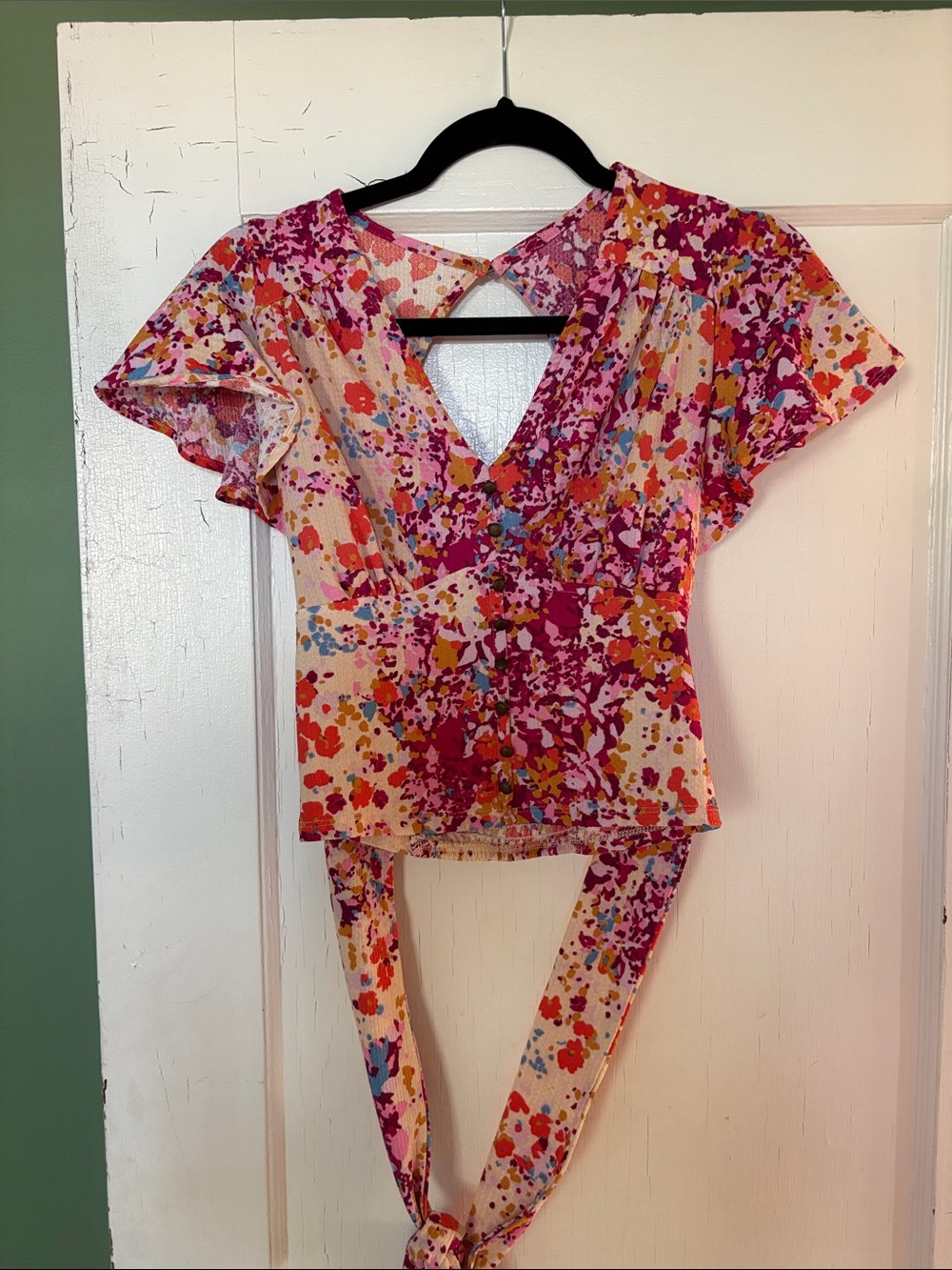 Anthropologie Floral V-Neck Blouse with Tie - Pink Multi